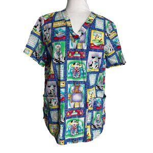 Cherokee Womens Scrub Top Size Small Dogs Cats Vet Nursing Medical Blue Green